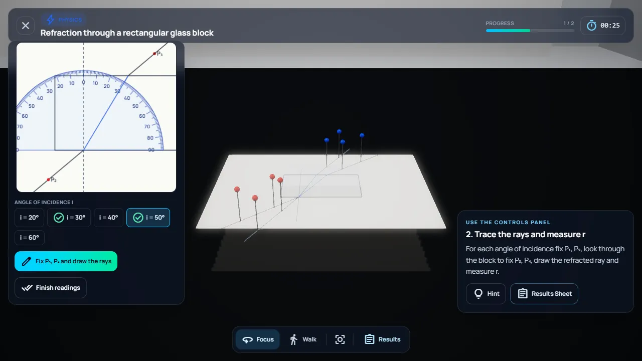 Refraction: Refraction: pins traced through a glass block and the angle measured with a protractor.