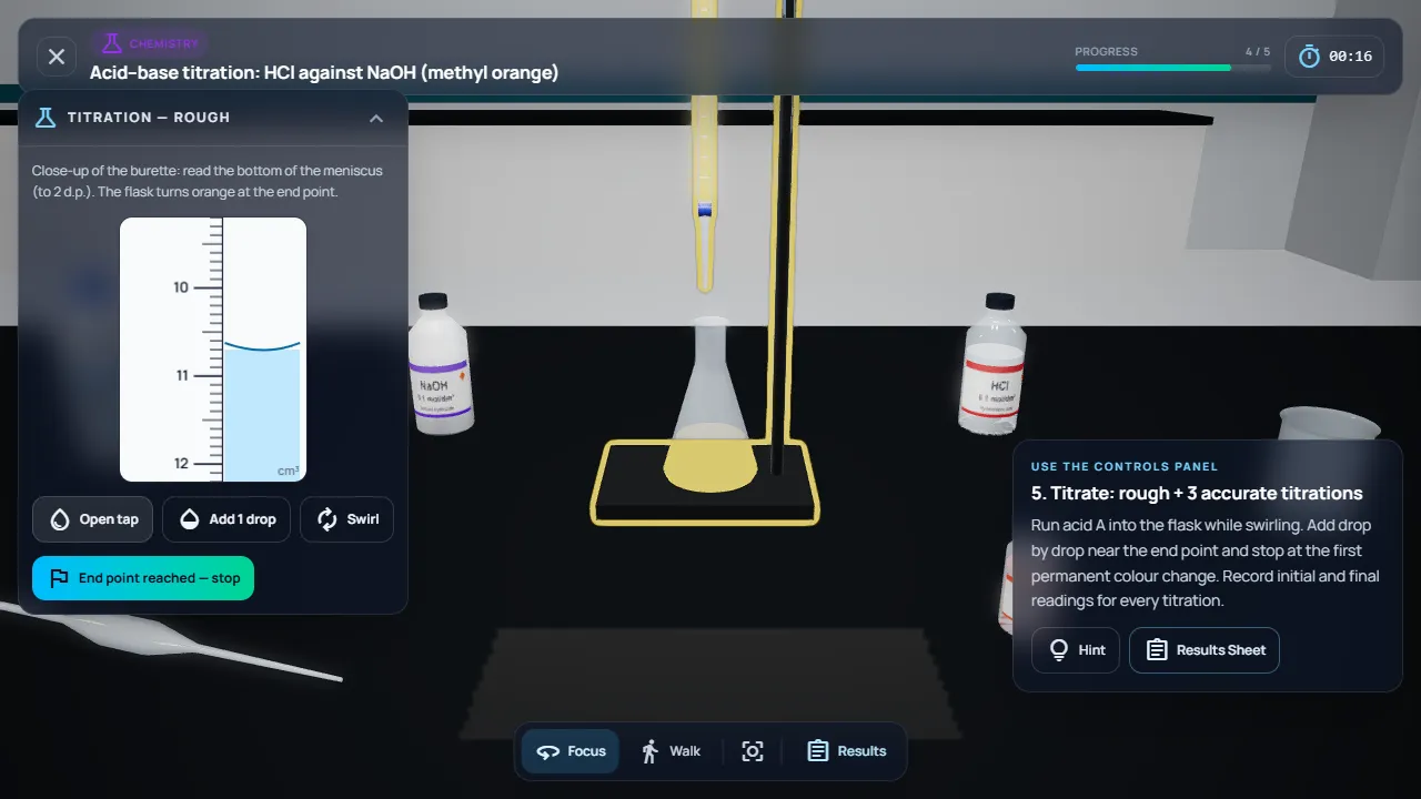 Titration in progress with tap, single-drop and end-point controls